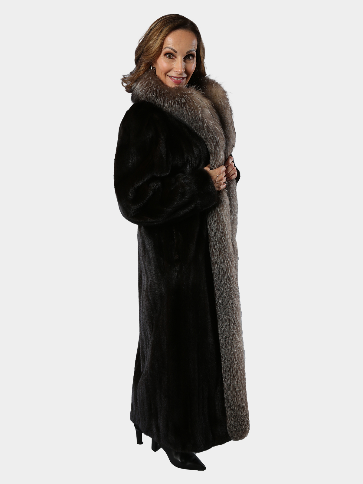 Ranch Mink Fur Coat With Indigo Fox Tuxedo Front Estate Furs