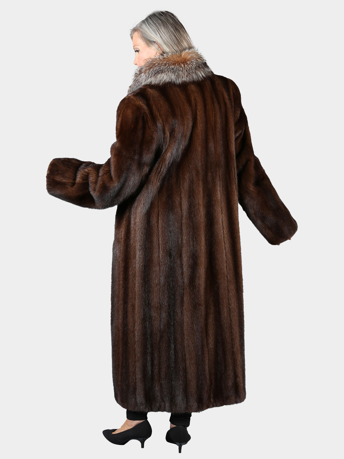 Natural Mahogany Mink Fur Coat With Crystal Fox Tuxedo Estate Furs