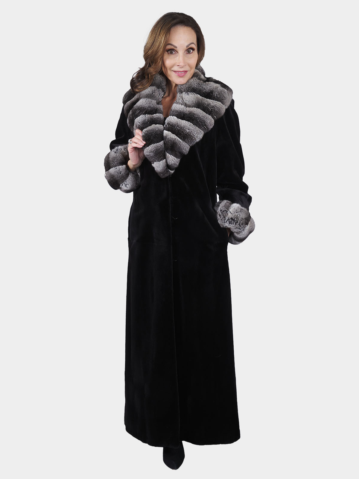 Black Sheared Mink Fur Coat W Chinchilla Collar And Cuffs Estate Furs