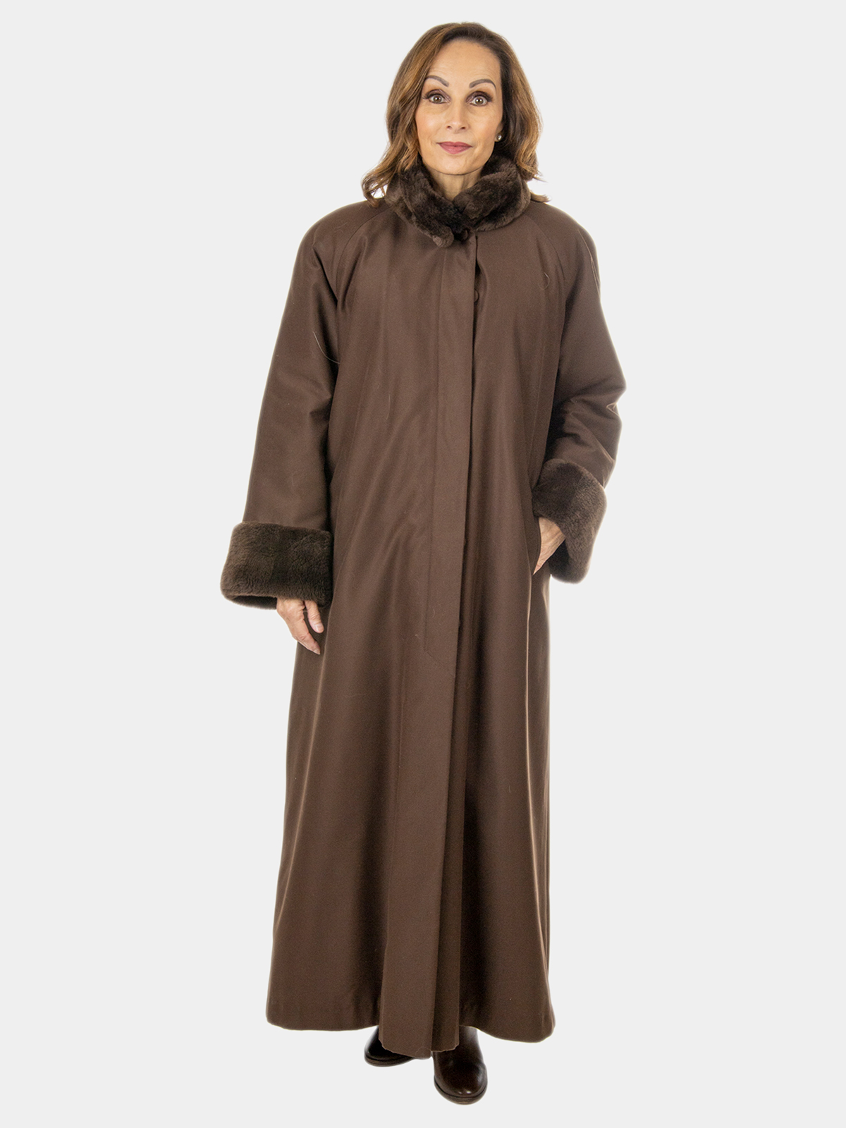 Brown Sheared Nutria Fur Lined Microfiber Raincoat | Estate Furs