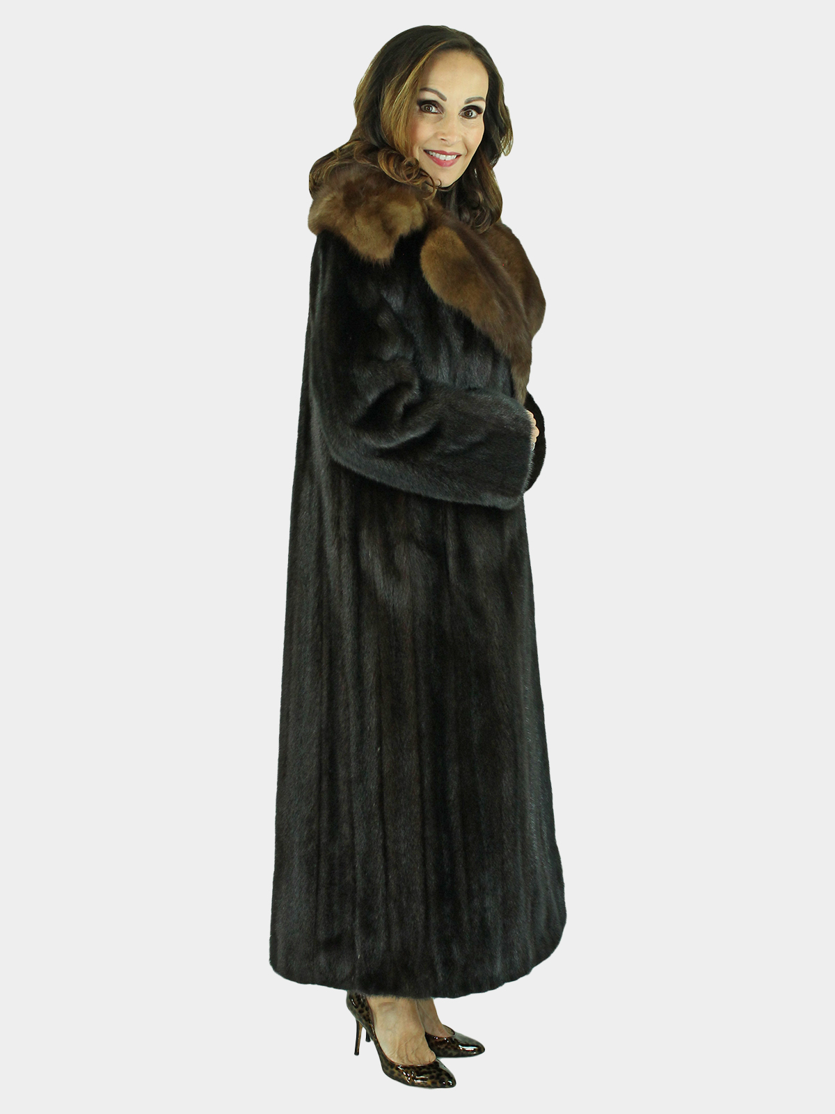 Dark Mahogany Female Mink Fur Coat with Sable Collar | Estate Furs