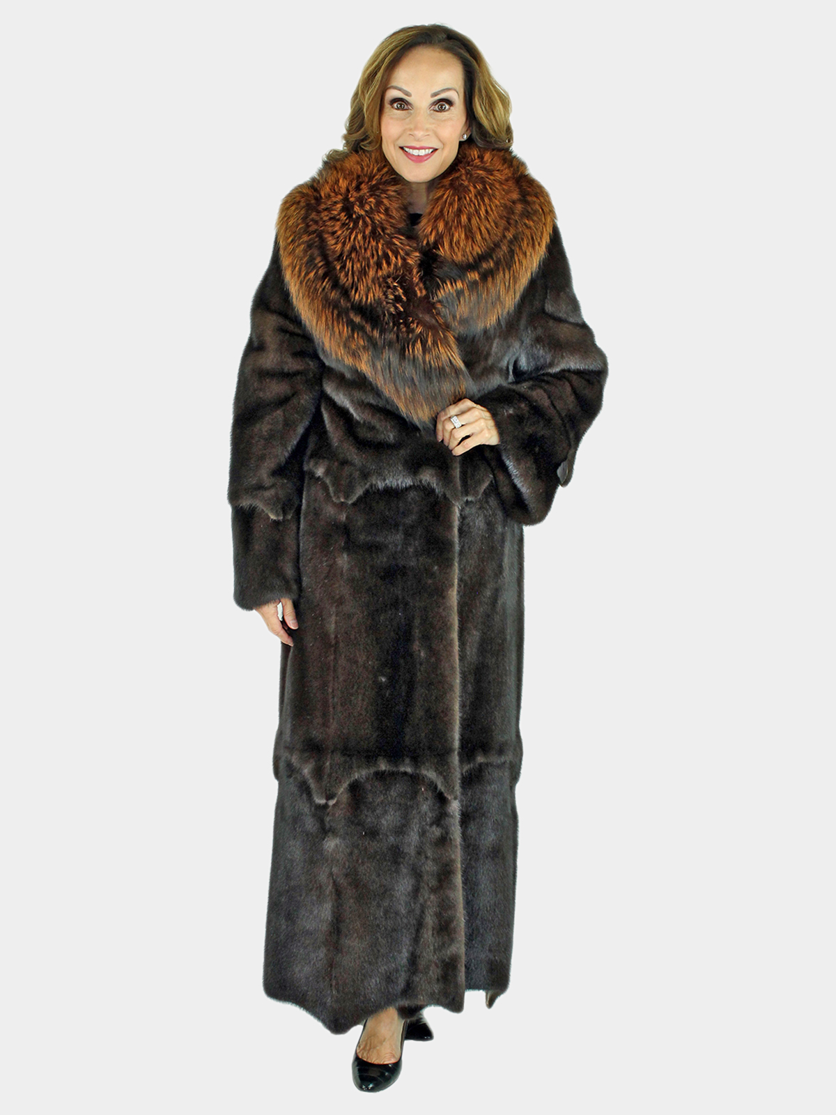 Mahogany Female Mink Fur Coat w/ Large Fox Collar - Small | Estate Furs