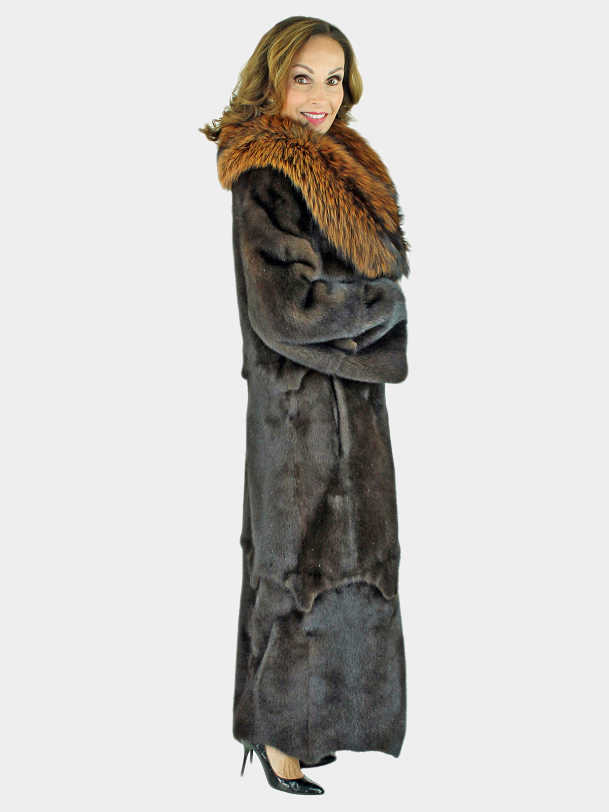 Mahogany Female Mink Fur Coat W/ Large Fox Collar - Small | Estate Furs