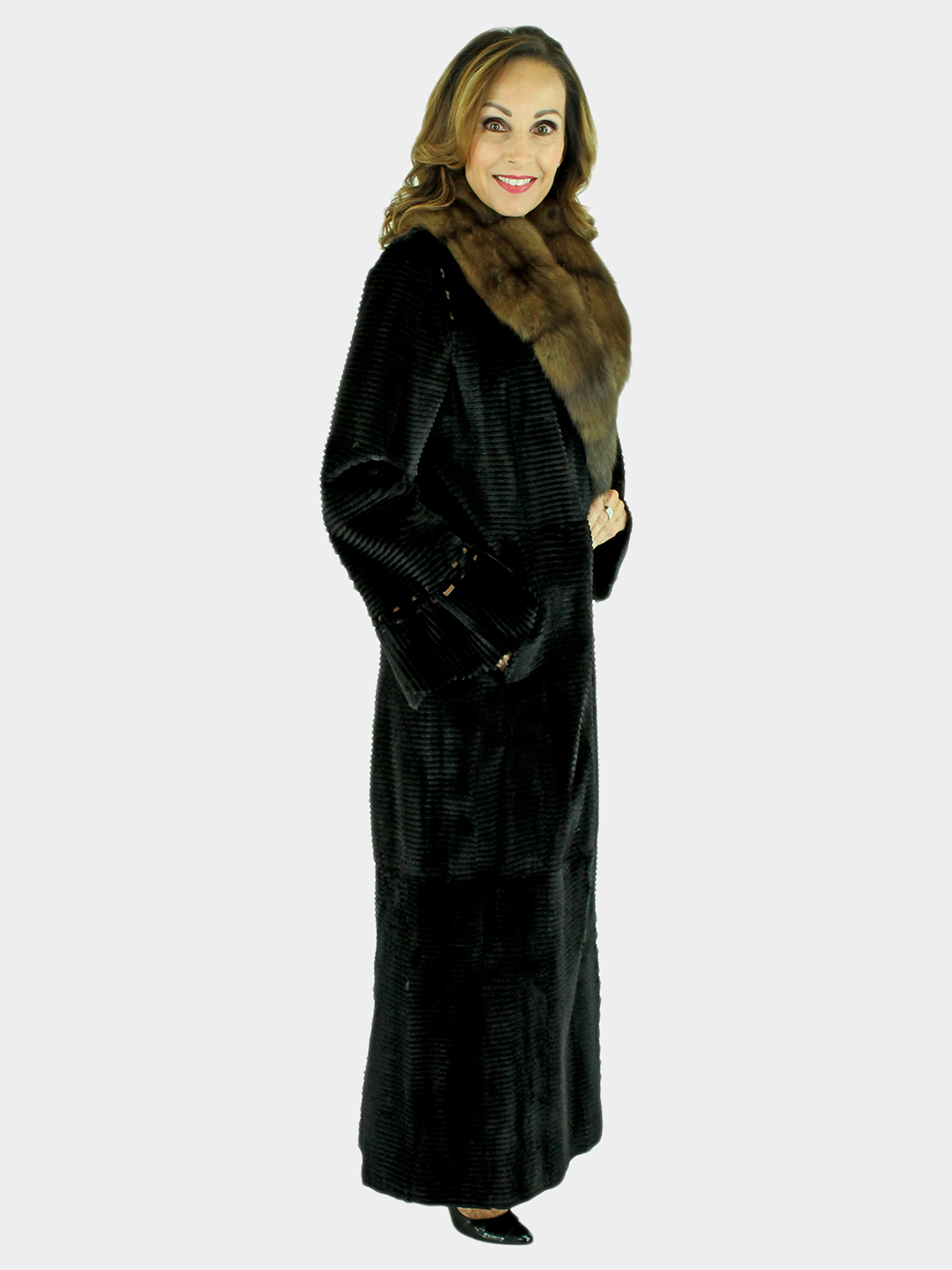Laser Grooved Sheared Mink Fur Coat w/ Sable Collar | Estate Furs
