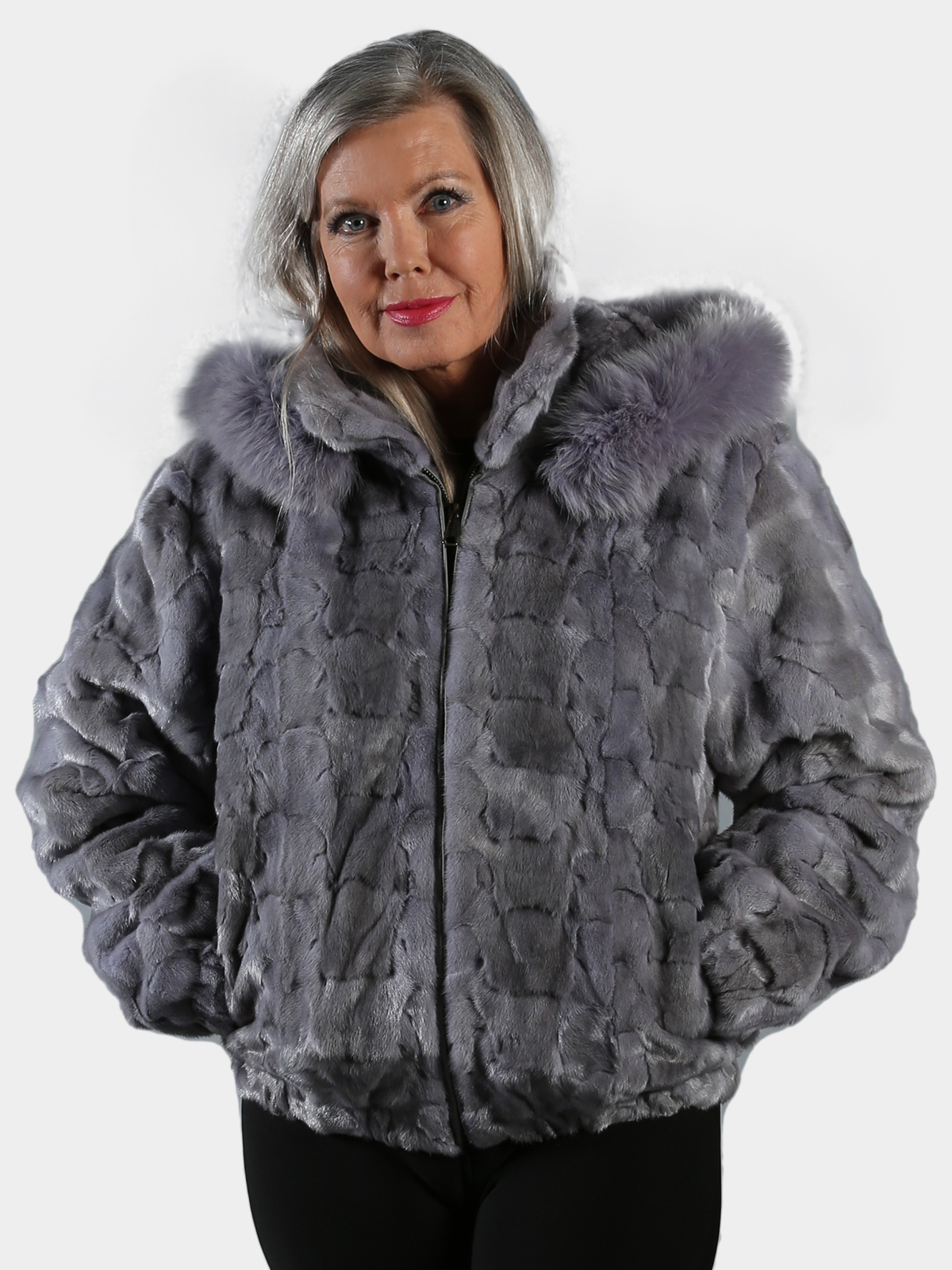 Woman's Sapphire Section Mink Fur Jacket with Detachable Hood (L)