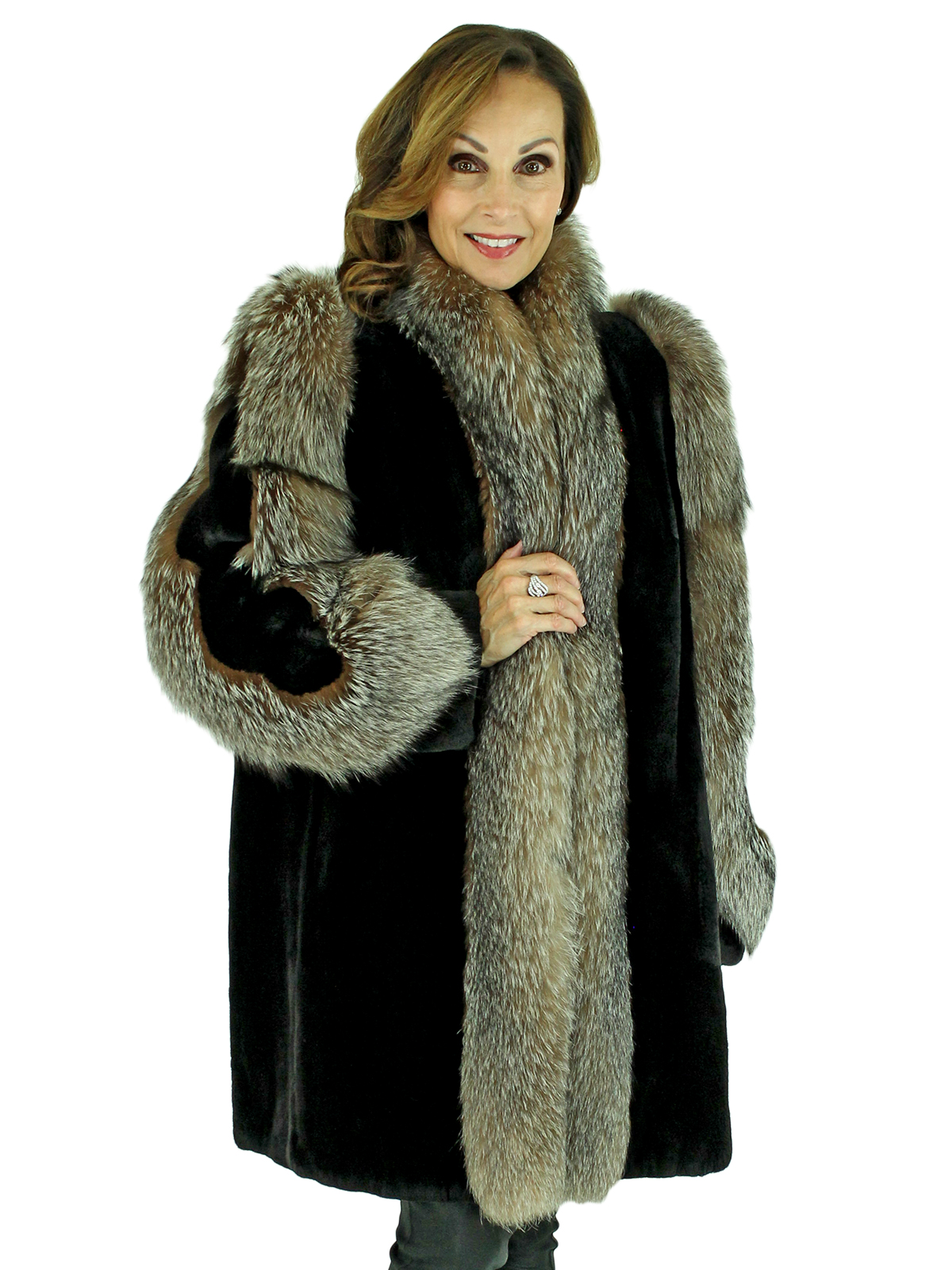 Black Sheared Beaver Fur Stroller with Crystal Fox Trim - Medium ...