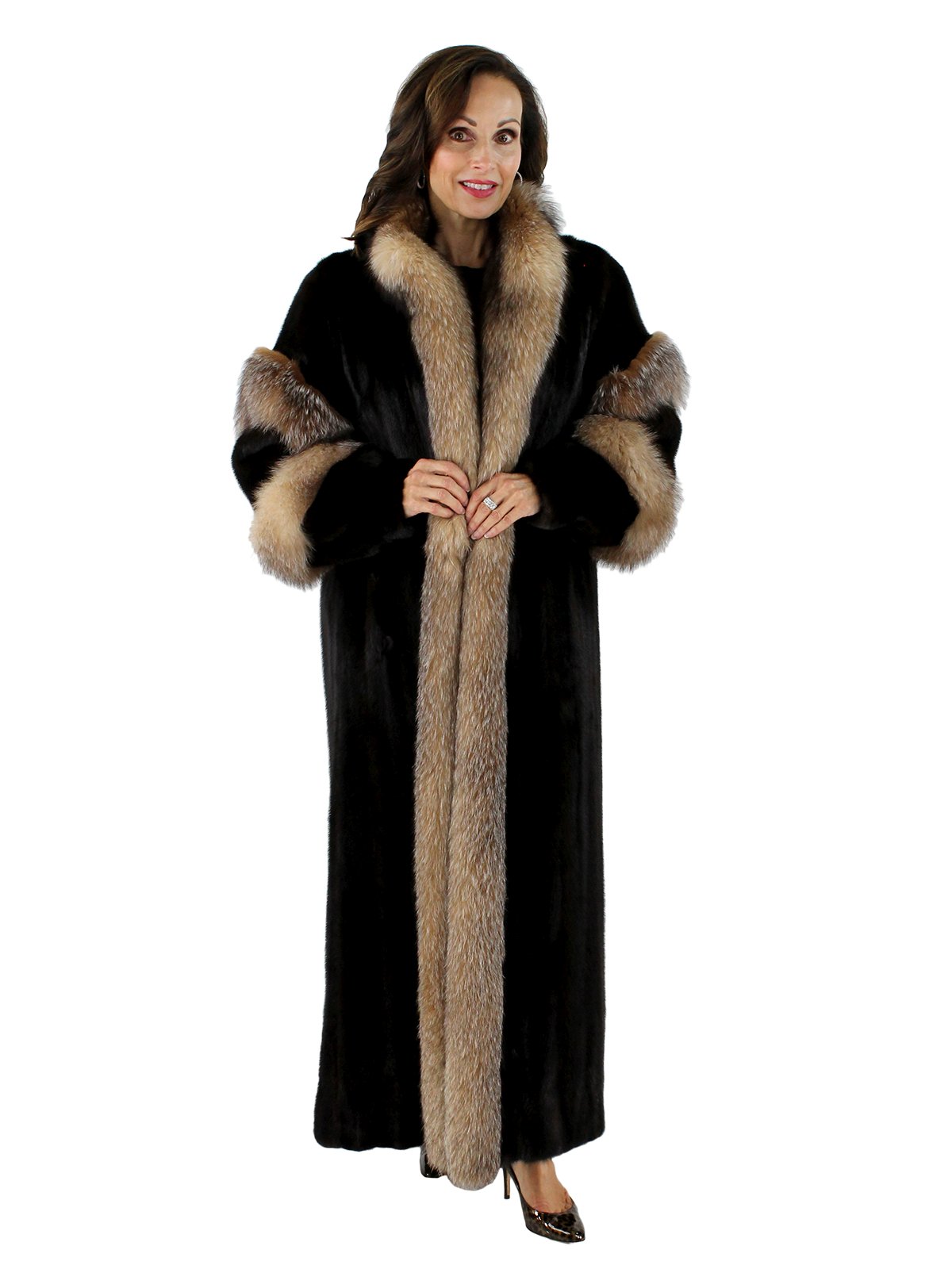 Mink Female Skin Fur Coat w/ Crystal Fox Trim - Mahogany - Women's ...