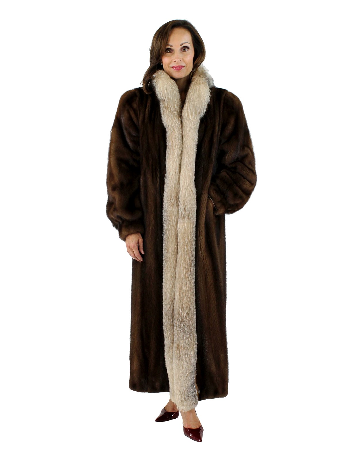 Mink Fur Coat w/ Fox Tuxedo Front - Women's Large - Mahogany | Estate Furs