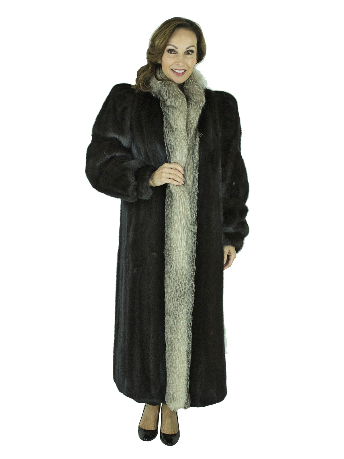 Ranch Mink Fur Coat with Indigo Fox Tuxedo Front - Women's Mink Coat ...