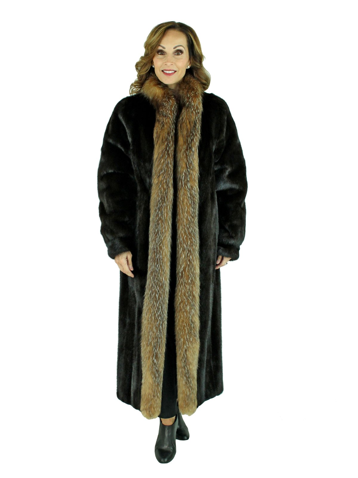 Ranch Mink Fur Coat with Fox Tuxedo Front - Women's Fur Coat - Medium ...