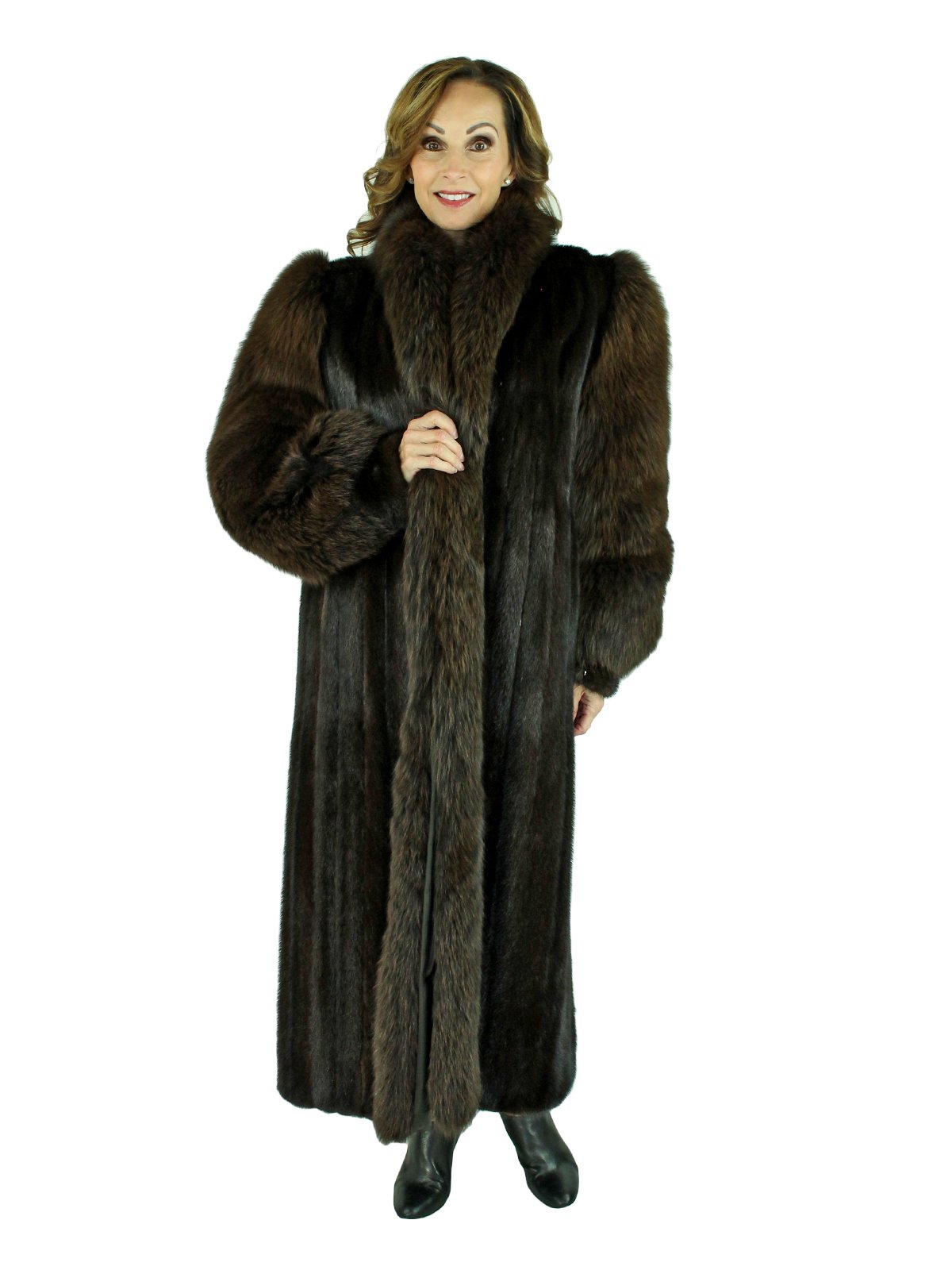 Dark Mahogany Mink Fur Coat with Fox Tuxedo Front and Sleeves - Women's ...