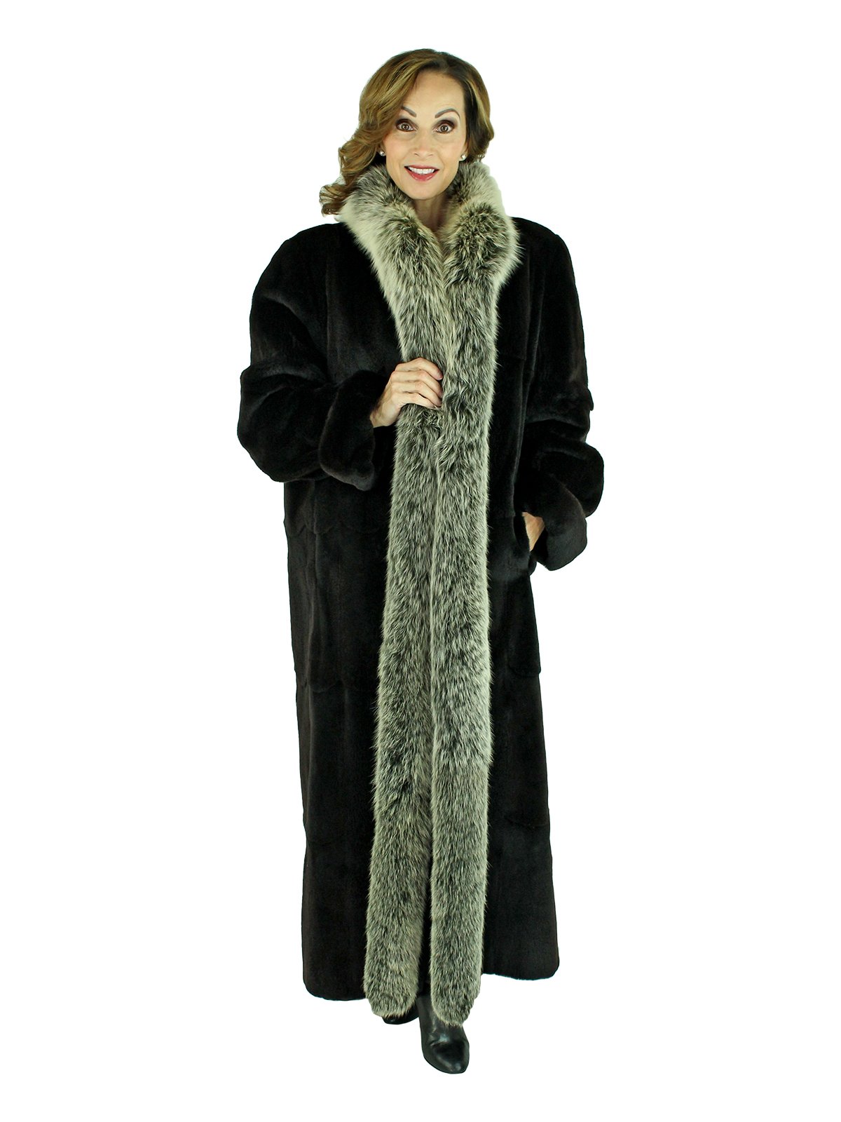 Black Sheared Mink Fur Coat with Indigo Fox Tuxedo Front - Women's Fur ...