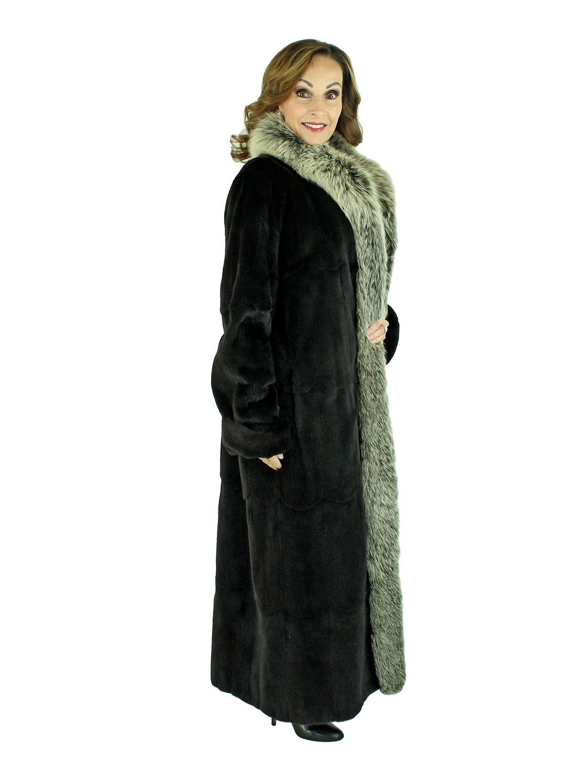Black Sheared Mink Fur Coat with Indigo Fox Tuxedo Front - Women's Fur ...