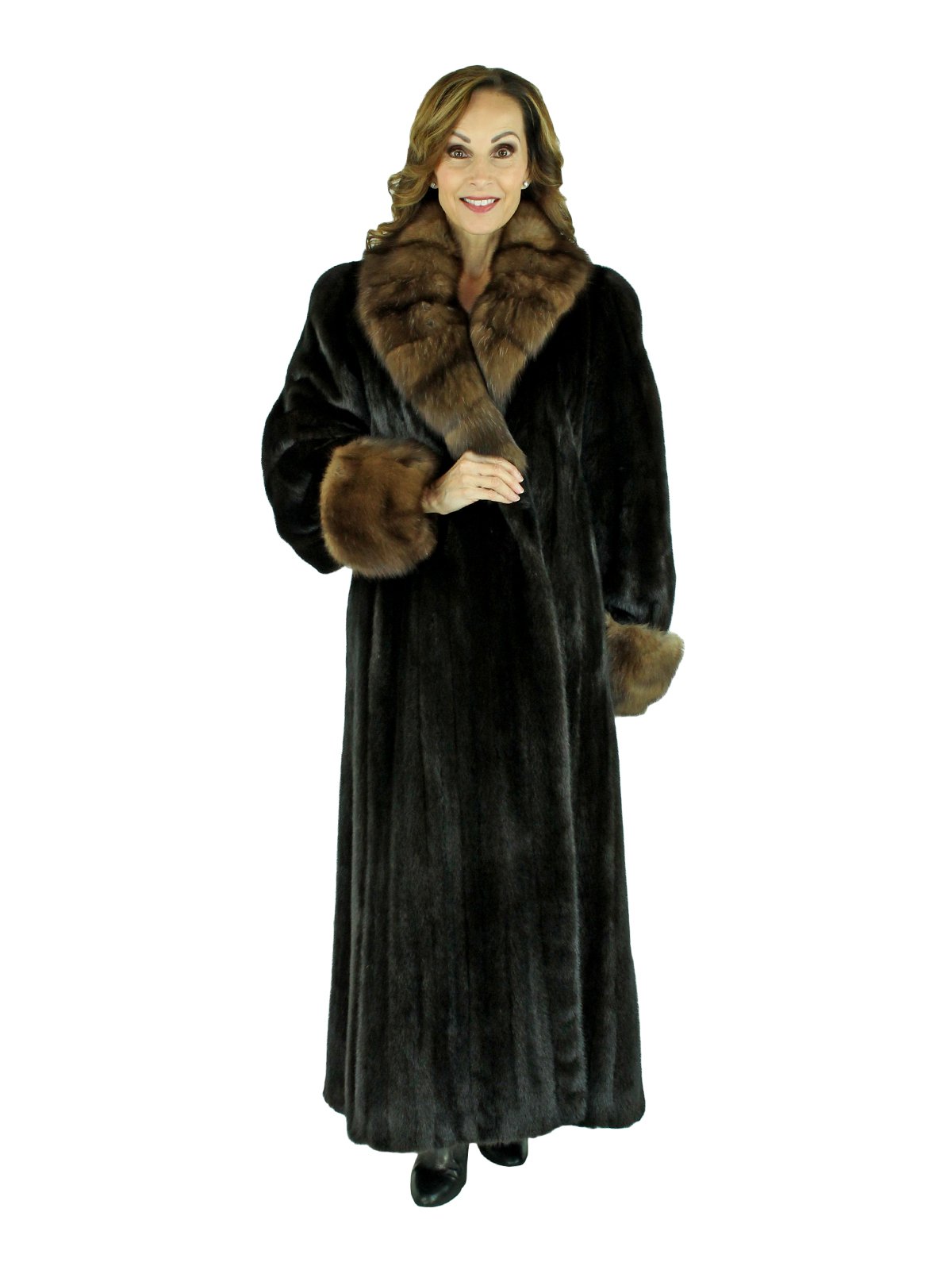 Dark Mahogany Female Mink Fur Coat with Sable Collar and Cuffs - Women ...