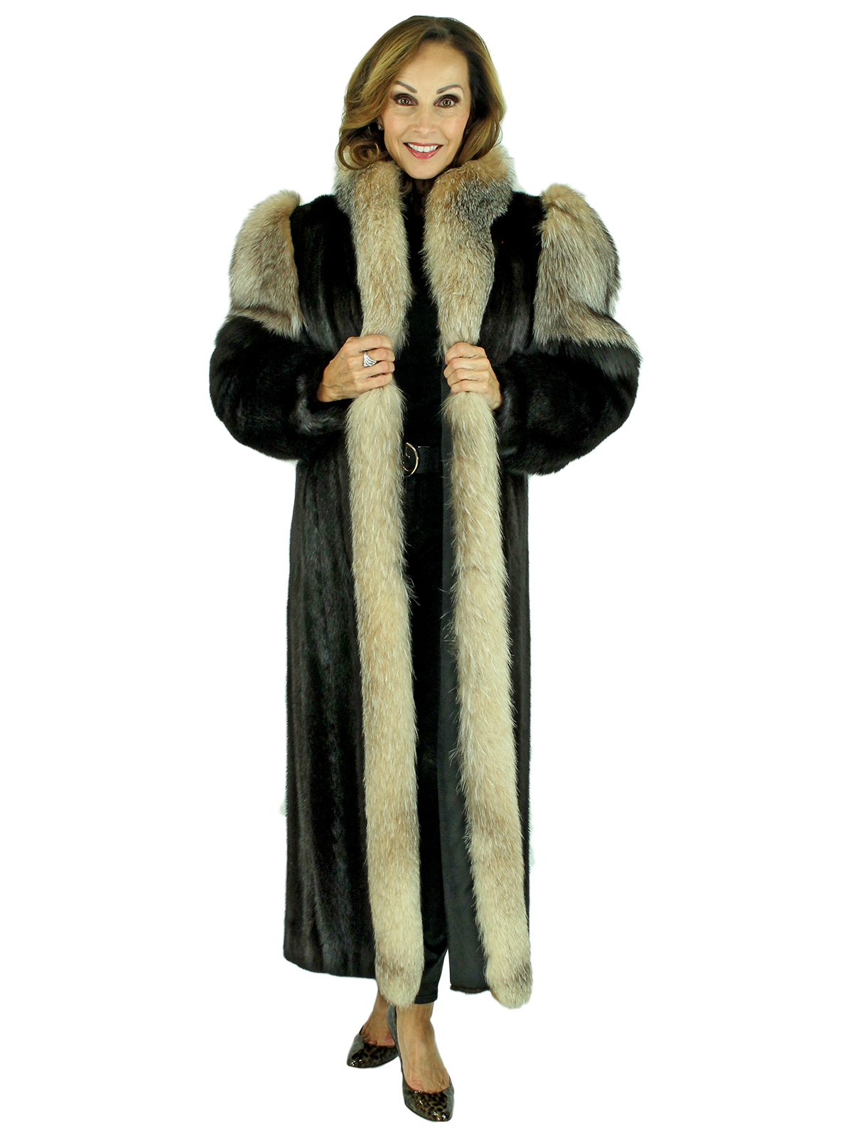 Ranch Mink Fur Coat with Crystal Fox Tuxedo Front and Fox Sleeves ...