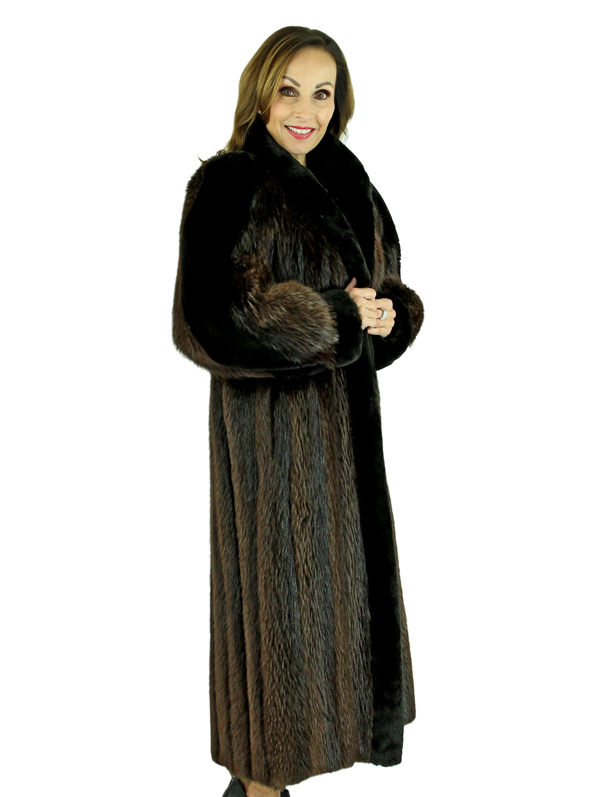 Natural Long Hair Beaver Fur Coat - Women's Fur Coat - Medium 