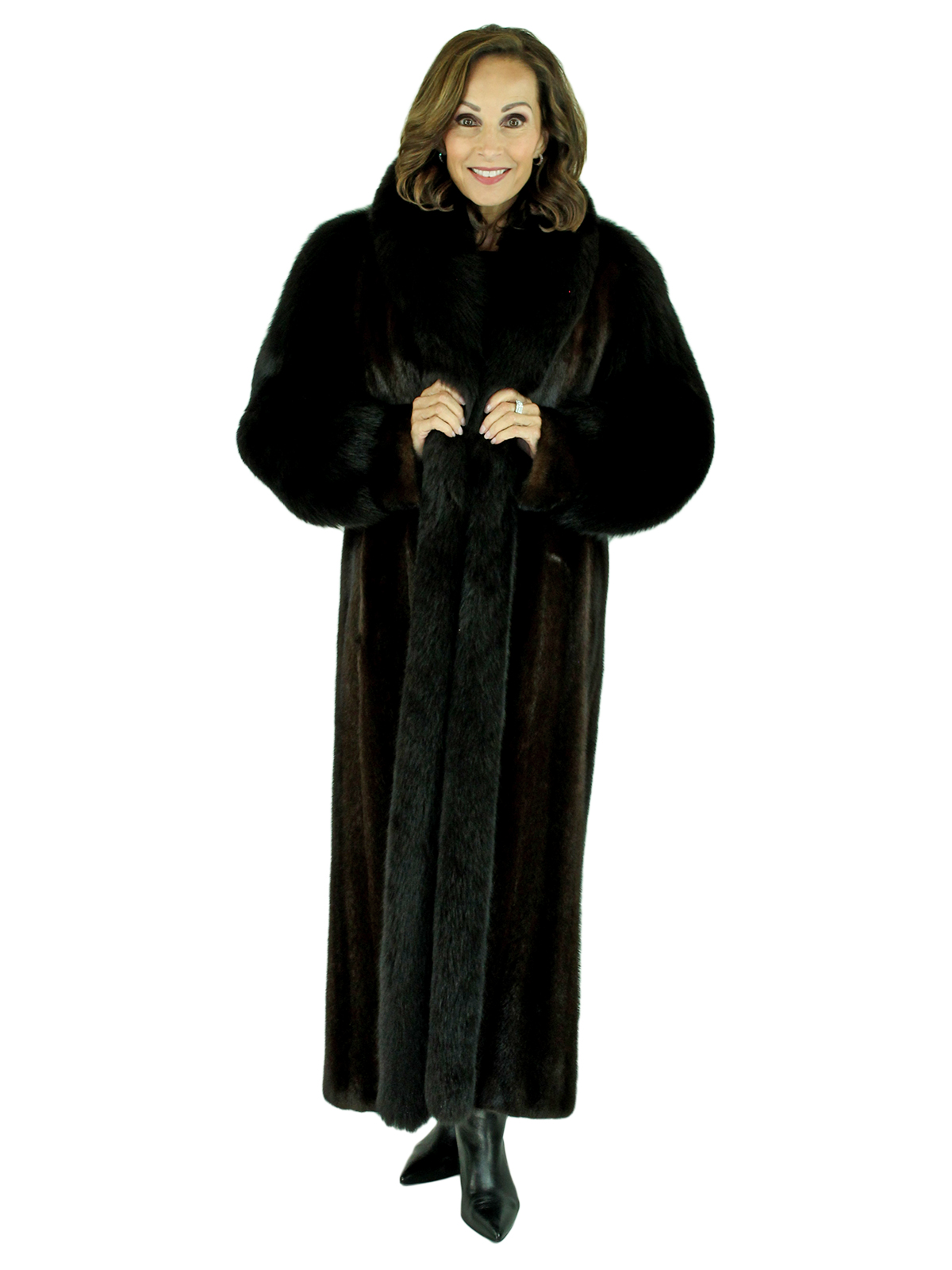 Mahogany Mink Fur Coat With Black Fox