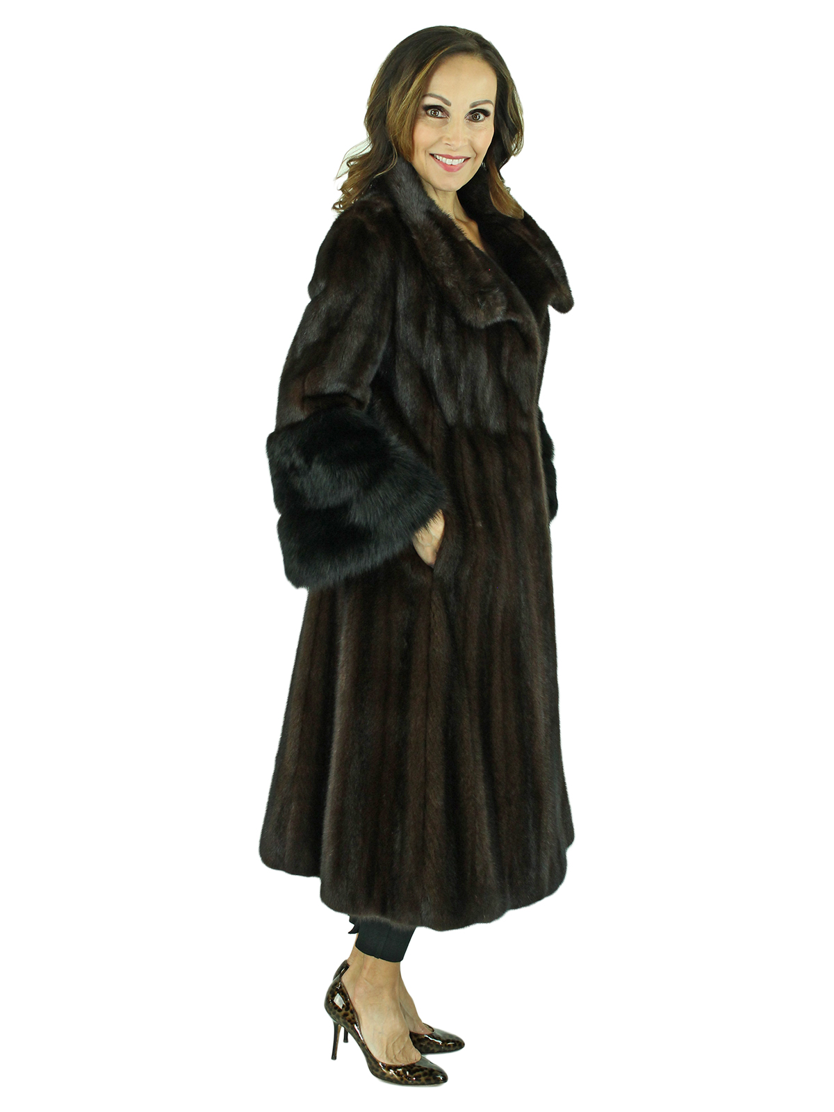 Mahogany Female Mink Fur Coat With Dyed Sable Cuffs - Women's Fur Coat 