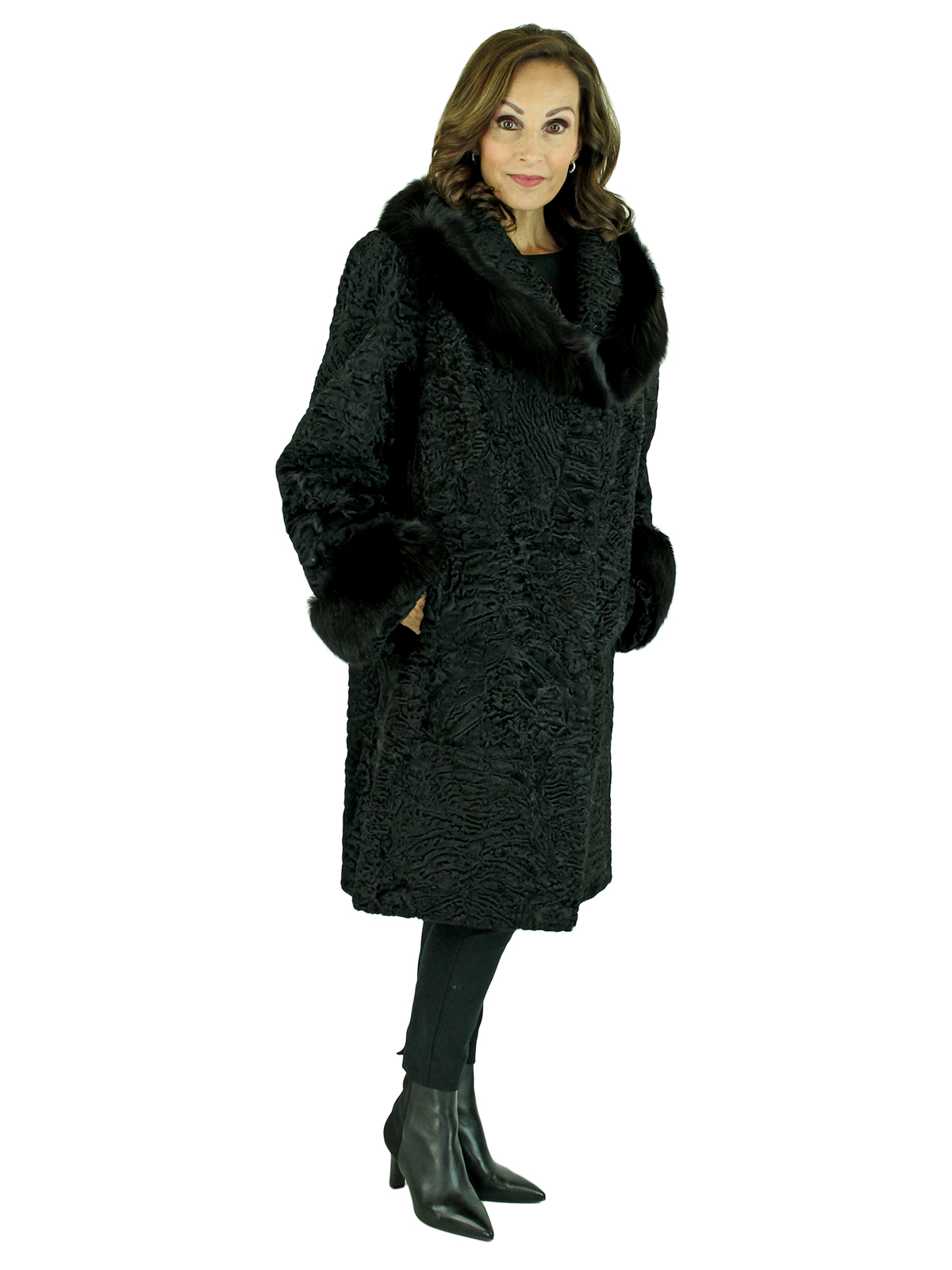 Black Persian Lamb Fur Stroller with Fox Collar and Cuffs - Women's Fur ...