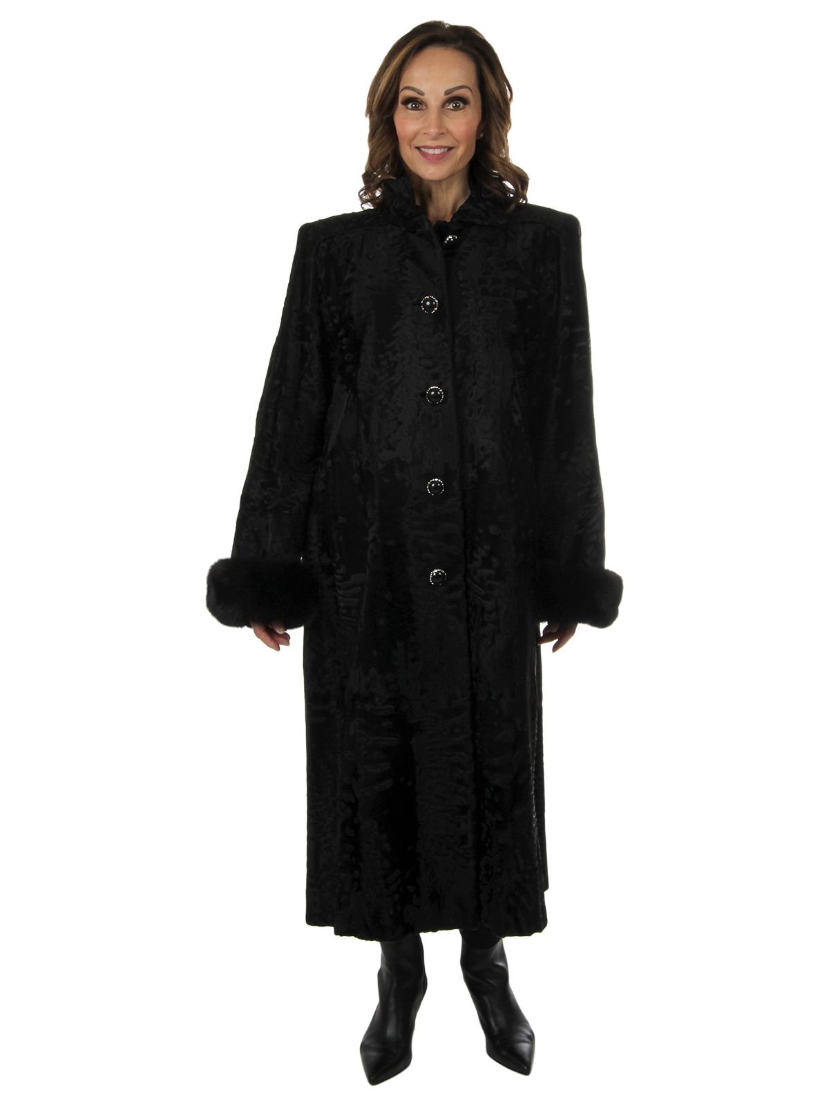 Black Swakara Lamb Fur Coat with Fox Cuffs - Large | Estate Furs