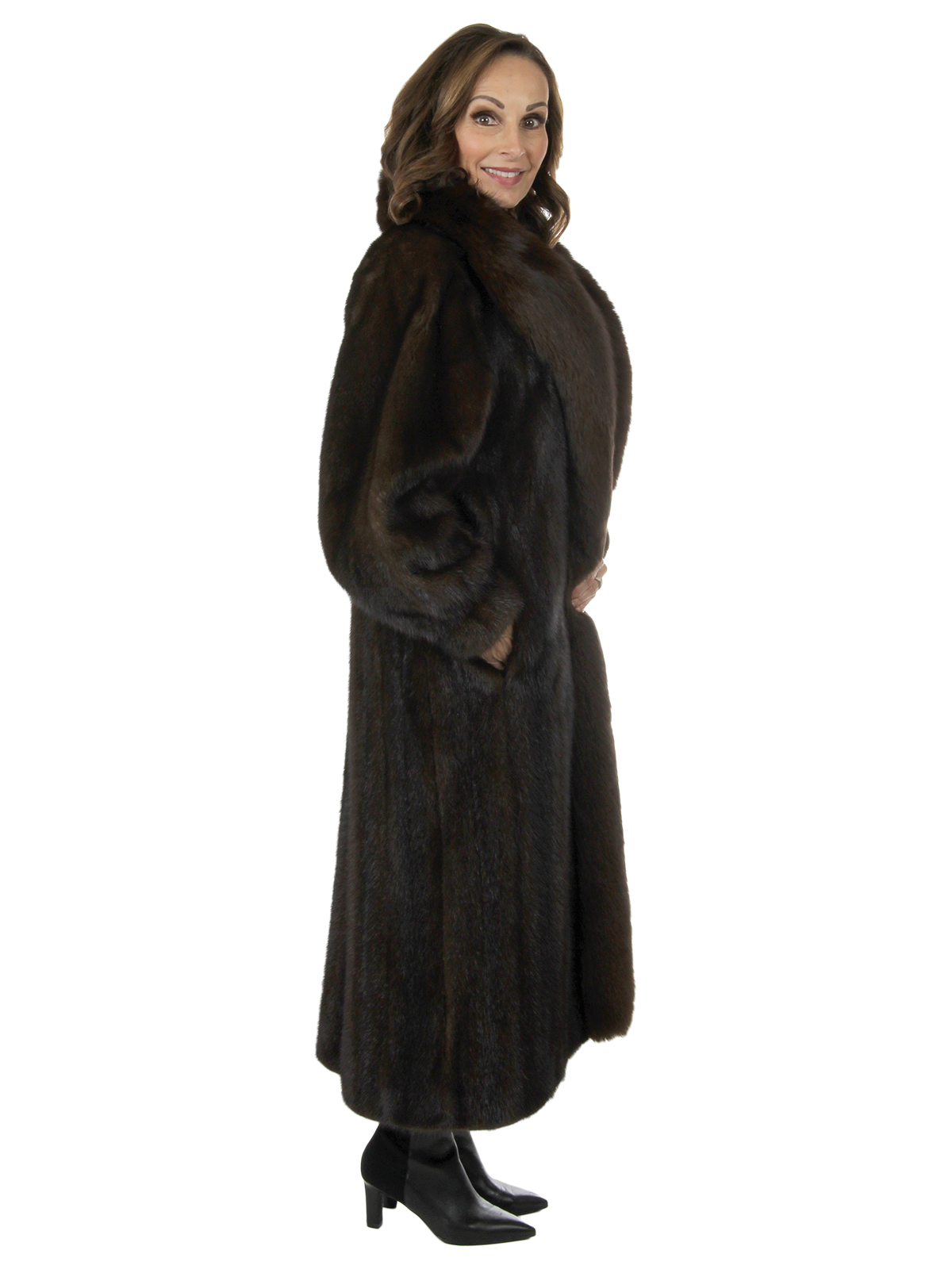 Woman's Dark Mahogany Mink Fur Coat with Fox Tuxedo