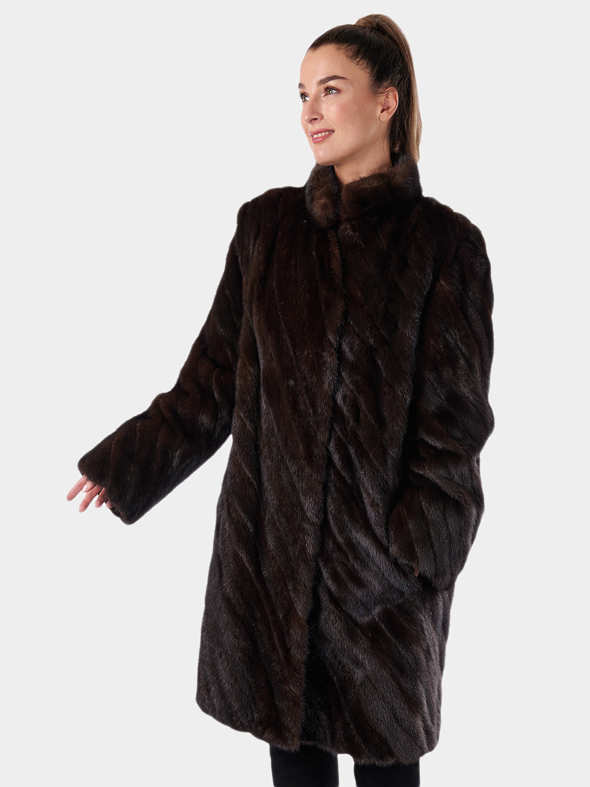 Dark Mahogany Mink Fur Diagonal Cut 3/4 Coat | Estate Furs