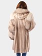 Woman's Brown Cross Mink Fur 3/4 Coat with Matching Fox Trim and Detachable Hood