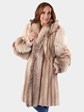 Woman's Brown Cross Mink Fur 3/4 Coat with Matching Fox Trim and Detachable Hood