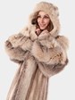 Woman's Brown Cross Mink Fur 3/4 Coat with Matching Fox Trim and Detachable Hood