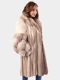 Woman's Brown Cross Mink Fur 3/4 Coat with Matching Fox Trim and Detachable Hood