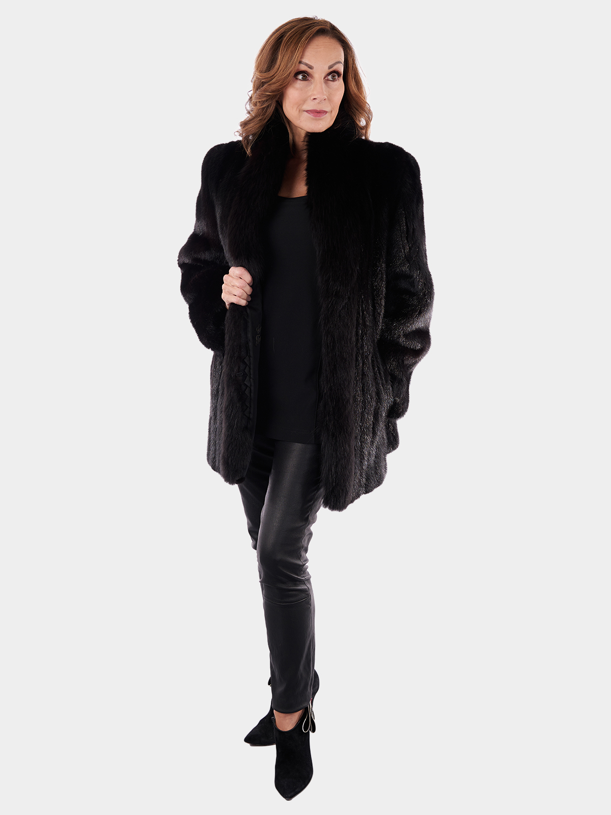 Woman's Black Mink Fur Jacket with Black Fox Collar and Tuxedo Front