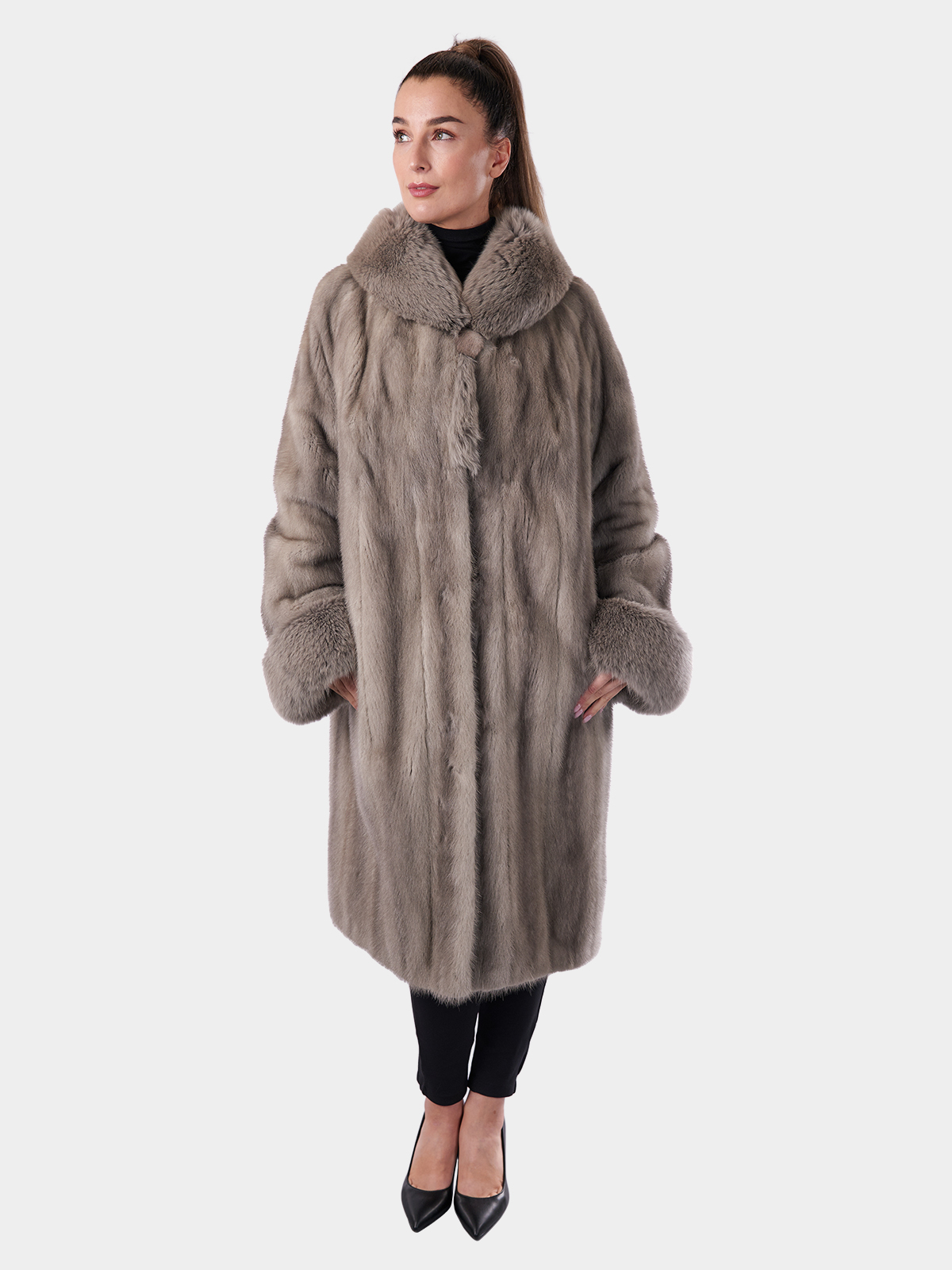 Cerulean Mink Fur Coat w/ Fox Collar and Cuffs | Estate Furs
