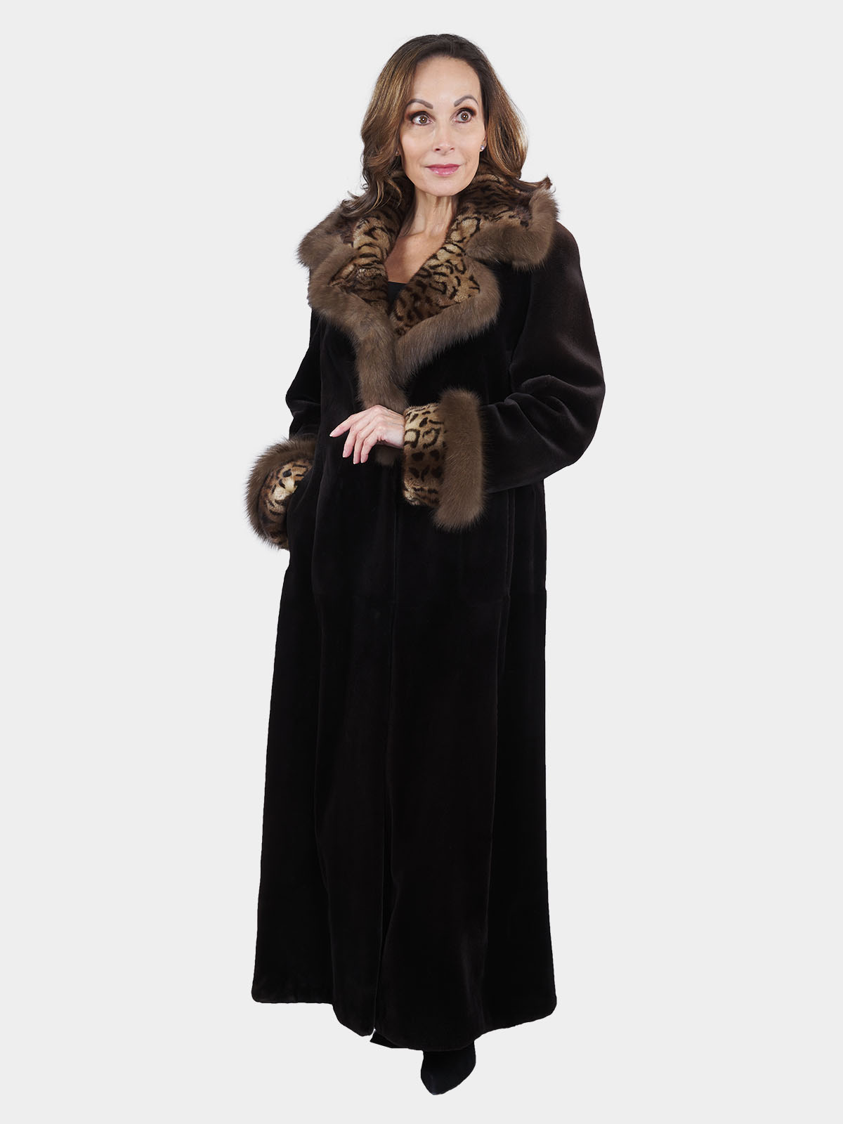 Black Sheared Mink Fur Coat w/ Animal Print Collar and Cuffs | Estate Furs