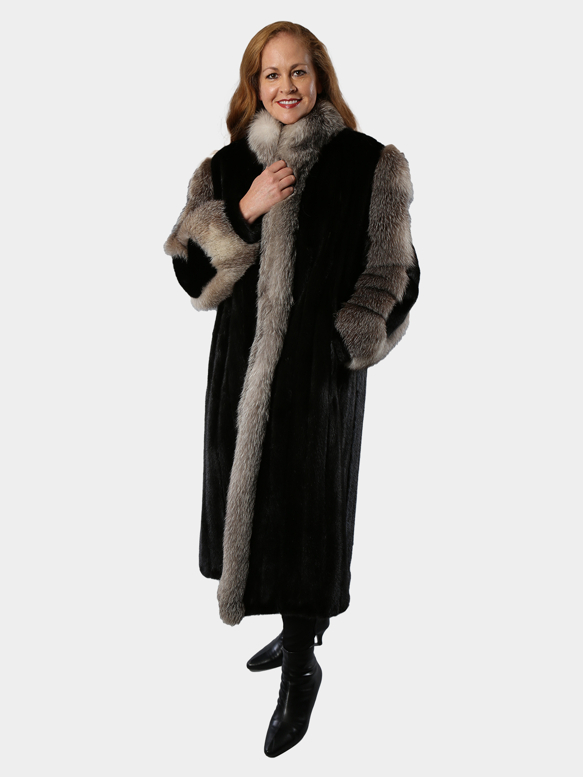 Woman's Ranch Mink Fur Coat with Indigo Fox Tuxedo Front and Sleeve Trim