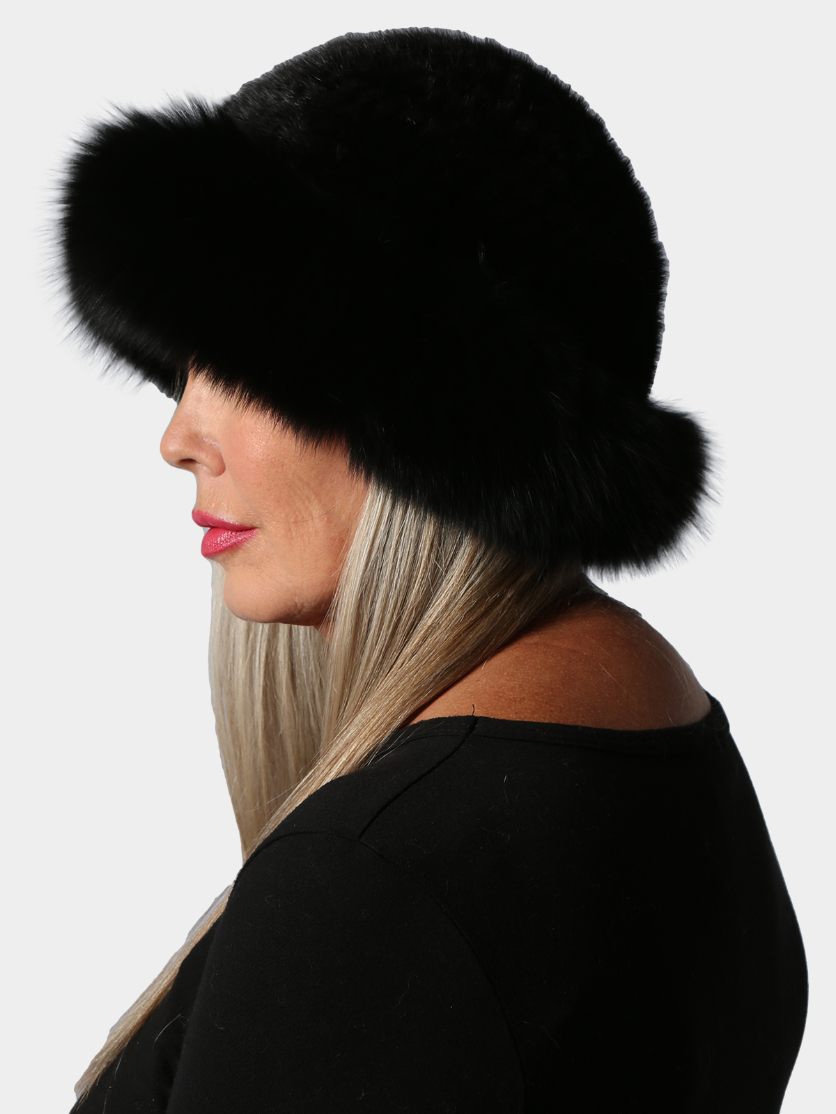 Black Knit Mink Fur Hat with Fox Trim - Estate Furs