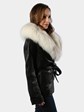 Woman's Remy Black Leather Jacket with Blush Fox Collar