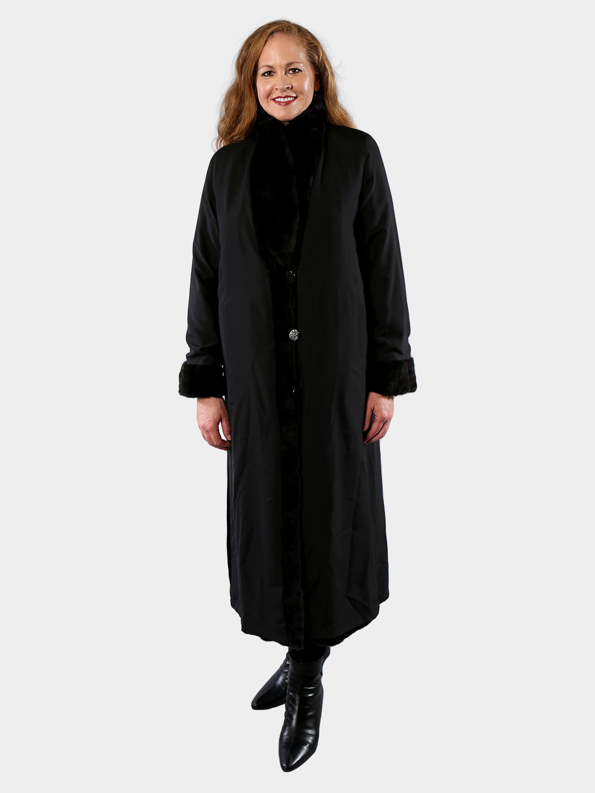 Women's Ultra Light Black Sheared Mink Fur Coat (Reversible) - Estate Furs