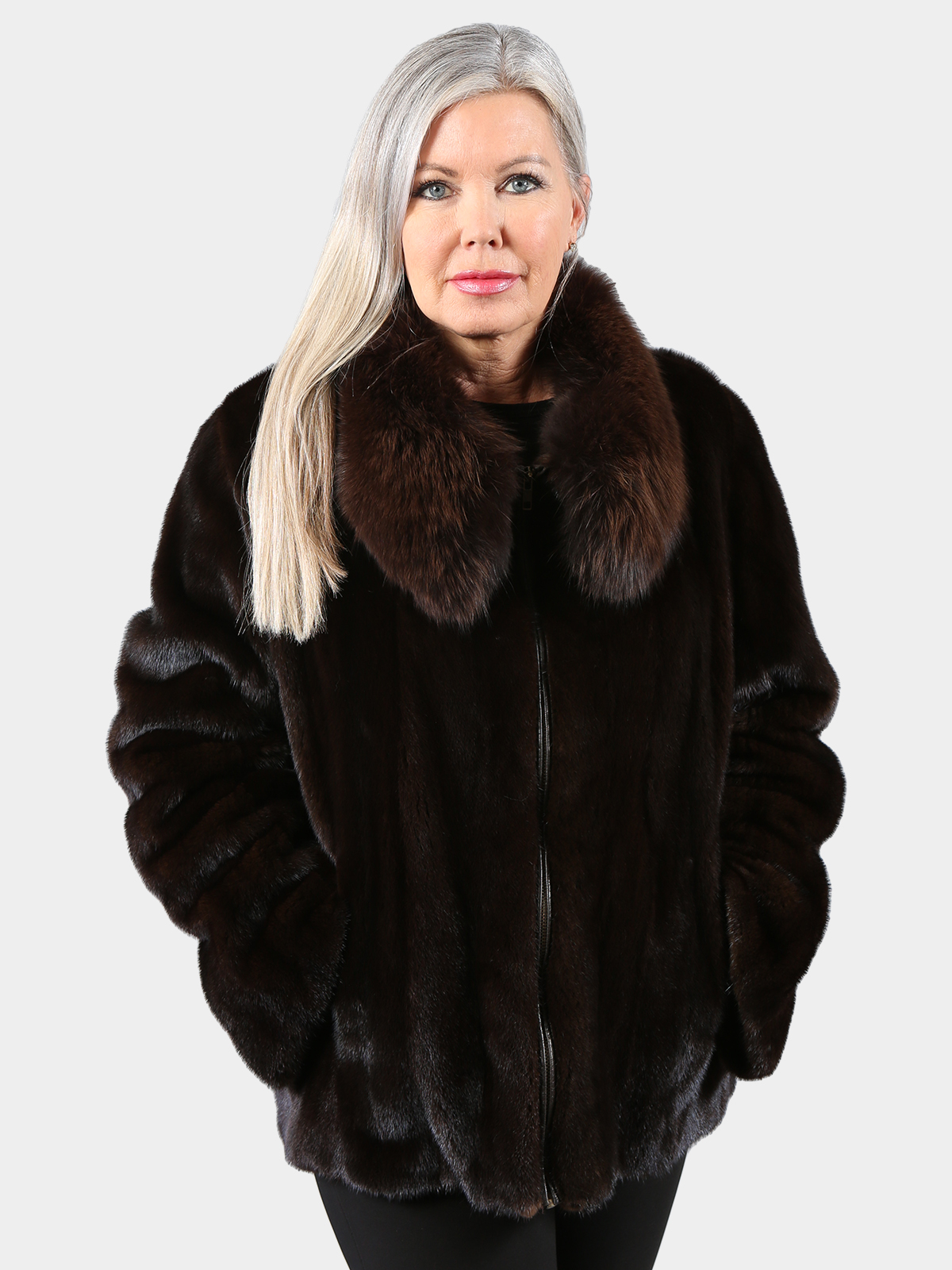 Women's Mahogany Mink Fur Jacket w/ Dyed Fox Collar - Estate Furs