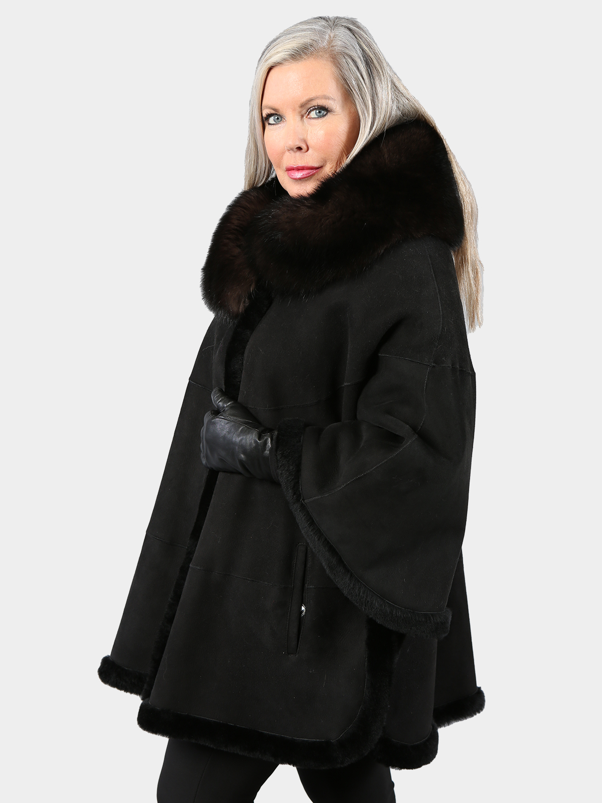 Women's Autumn Black Shearling Lamb Cape - Estate Furs