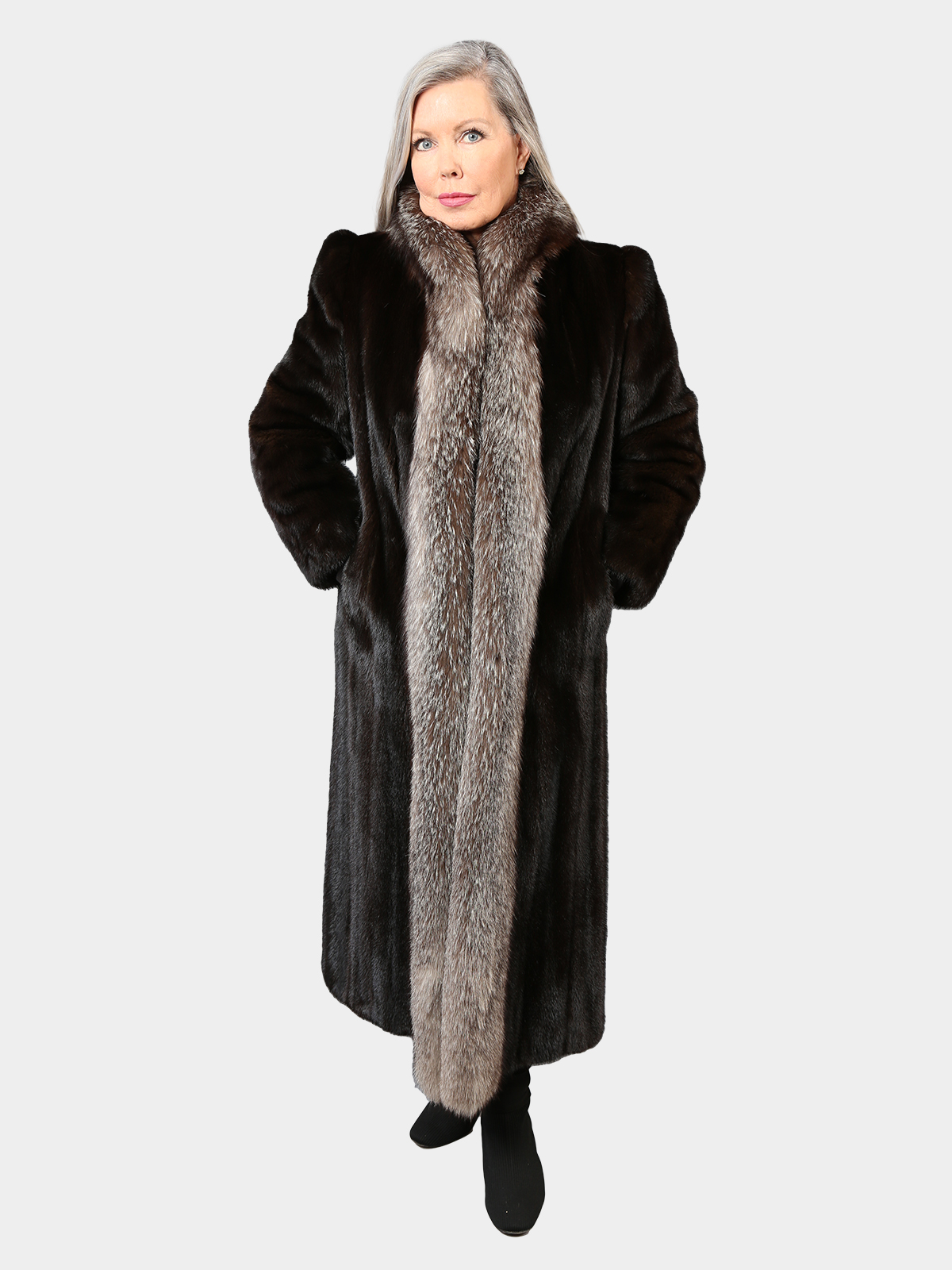 Darkest Mahogany Mink Fur Coat with Indigo Fox Tuxedo Front - Estate Furs