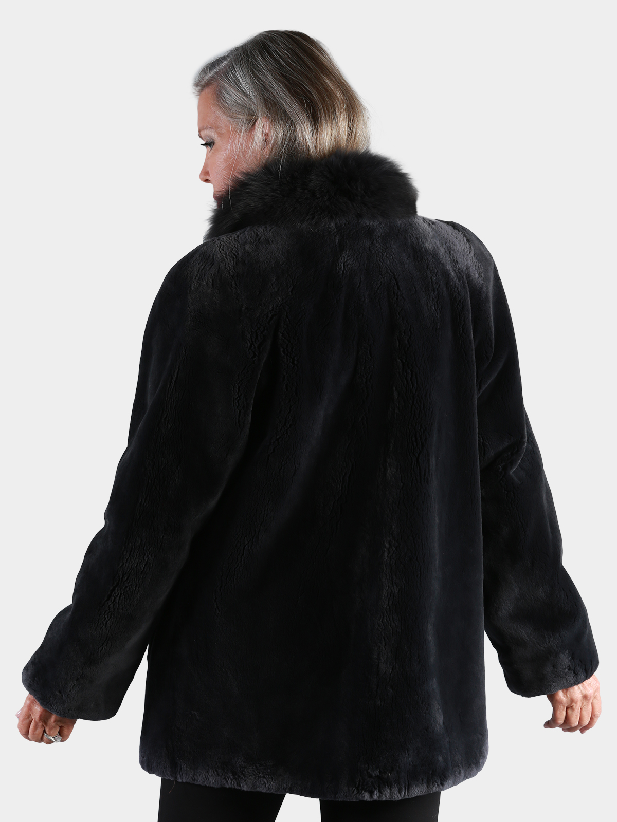 Charcoal Grey Sheared Beaver Fur Jacket with Fox Tuxedo - Estate Furs