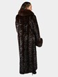 Woman's Plus Size Extra Long Natural Mahogany Sculptured Mink Fur Coat with Fox Trim