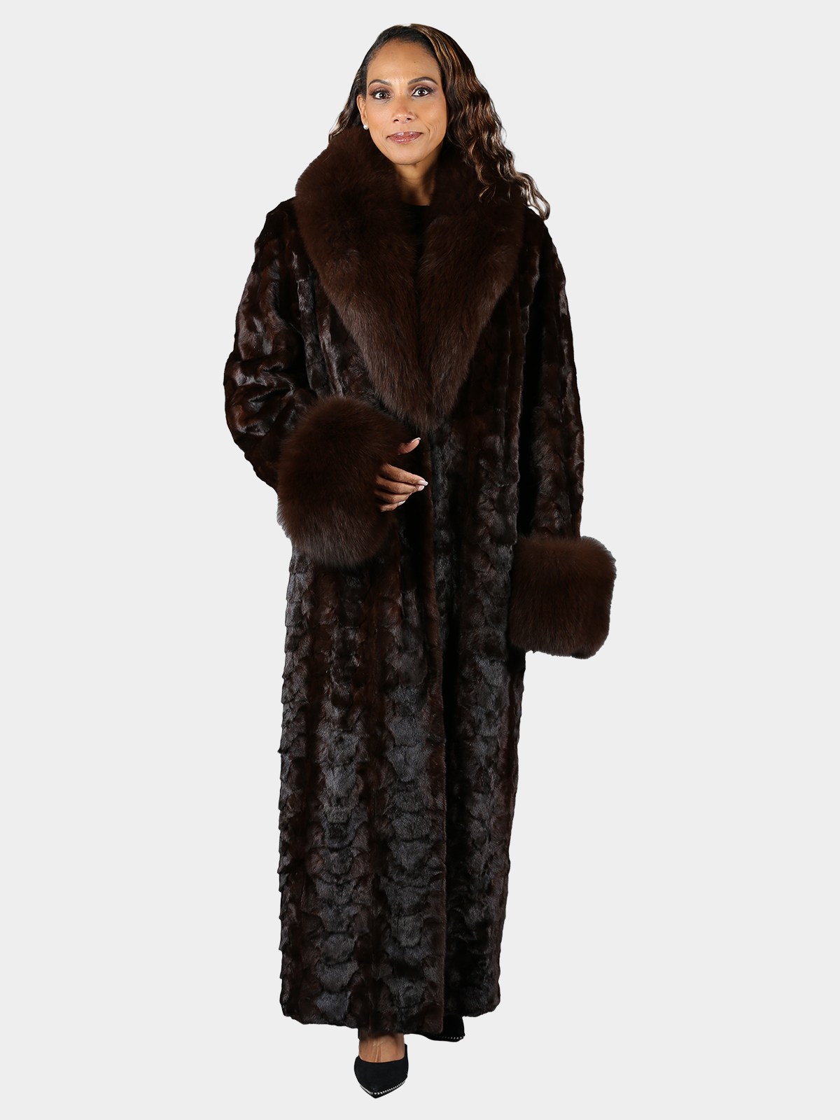 Woman's Plus Size Extra Long Natural Mahogany Sculptured Mink Fur Coat with Fox Trim