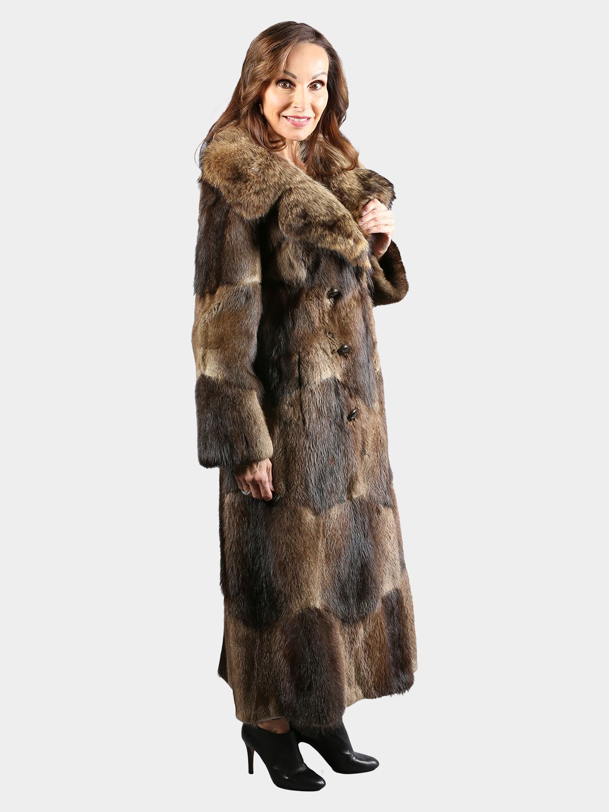 Woman's Vintage Natural Muskrat Coat with Racoon Collar