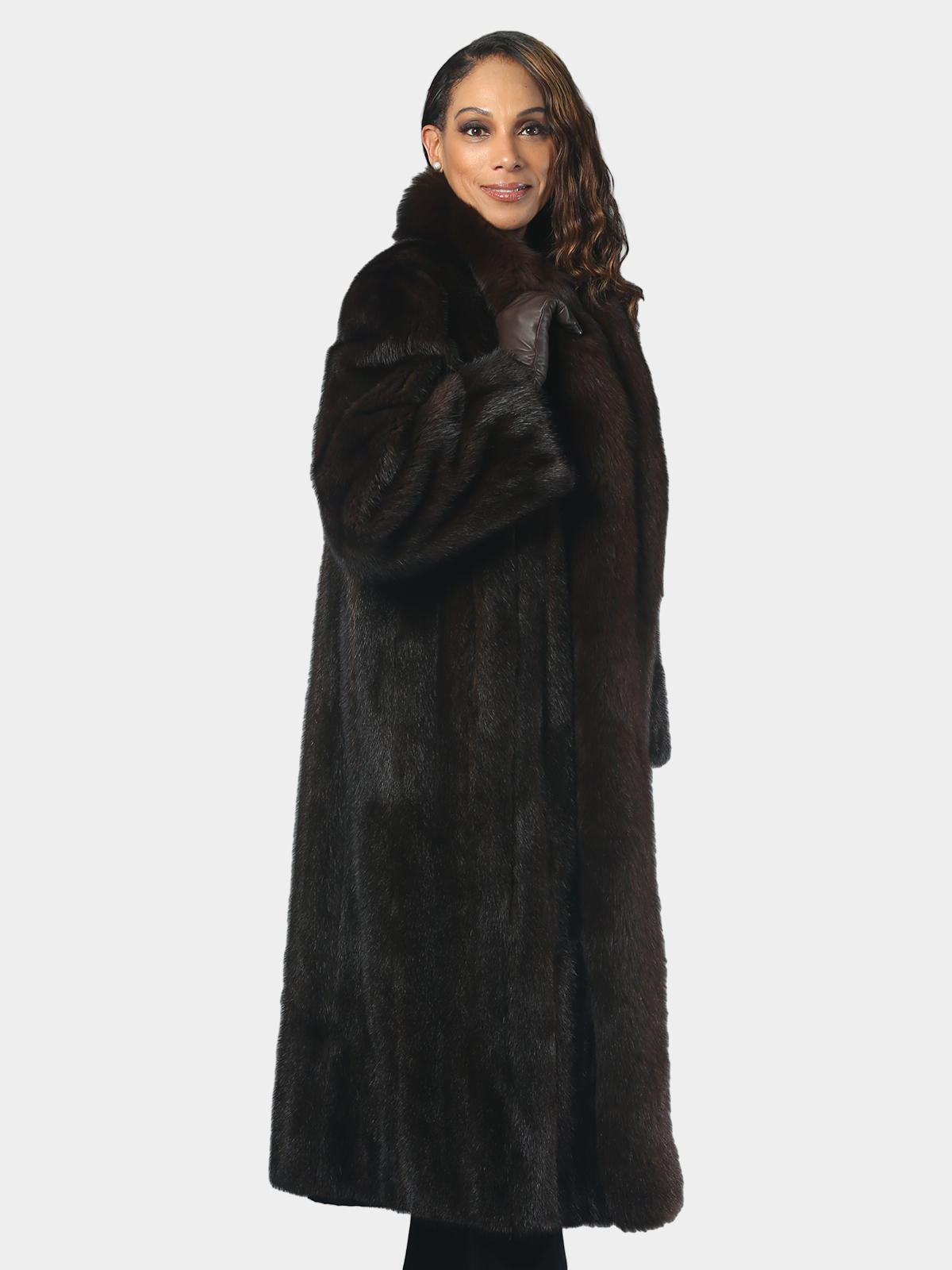 Natural Mahogany Mink Fur Coat with Fox Tuxedo Front - Estate Furs