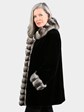 Woman's Dyed Black Sheared Mink Fur Stroller with Natural Chinchilla Collar Cuffs and Front
