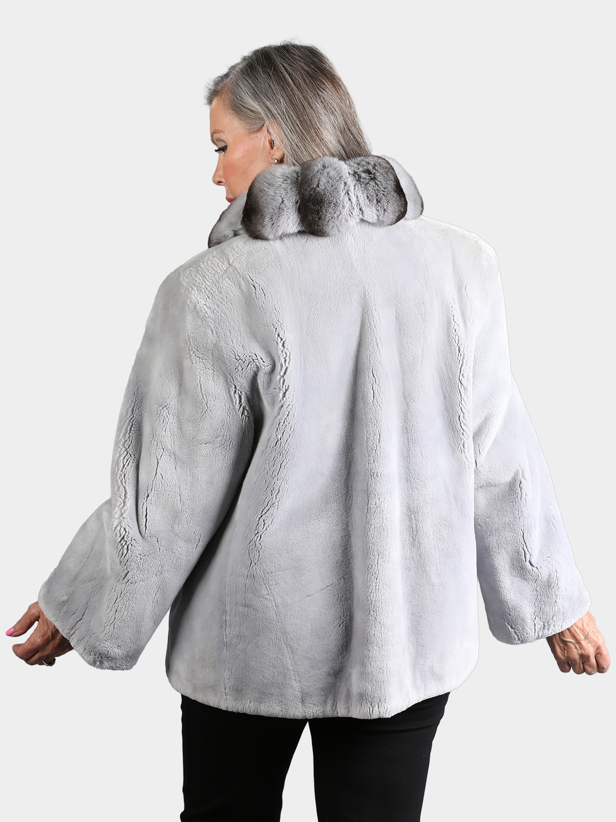 Woman's Dyed Light Grey Sheared Beaver Fur Jacket with Chinchilla Collar