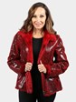 Woman's Dyed Red Female Mink Fur Jacket Reversible to Stenciled Leather