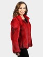 Woman's Dyed Red Female Mink Fur Jacket Reversible to Stenciled Leather