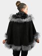 Woman's Dyed Black Suede Leather Cape with Dyed Finn Racoon Trim